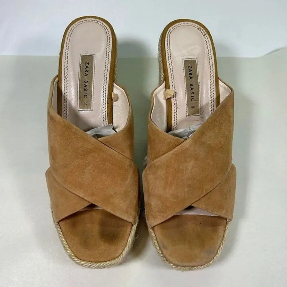 Zara Basic Suede Block Heel Open Toe Espadrille Sandals‎ Womens 40 (US 10) Tan